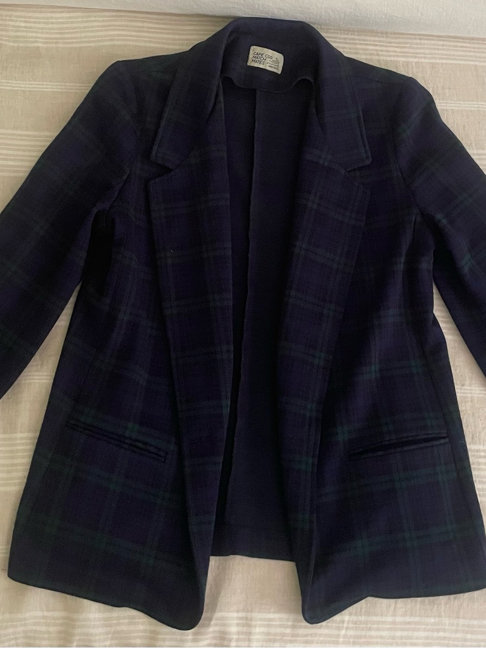 Vintage Women's Navy & Green Plaid Open-Front Blazer Plaid Tartan Jacket
